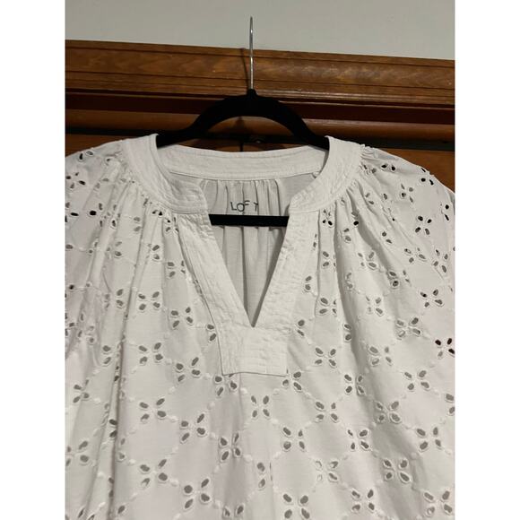 LOFT Women's Eyelet Short Sleeve Split Neck Knit Mixed Media Blouse White Size S - Picture 3 of 11